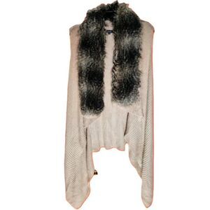 Splendid Faux Fur Collar Open Front Sweater Vest Beige Knit Medium Women’s